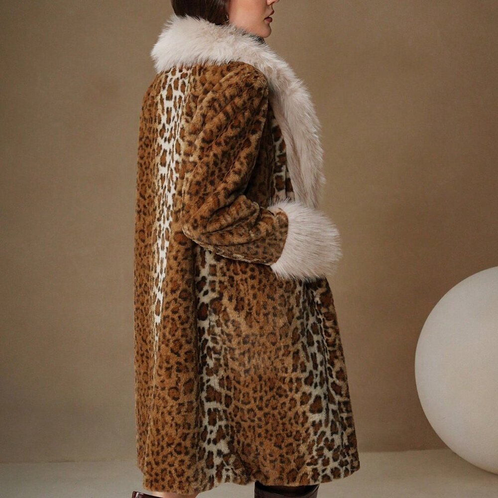 Brown Casual Women's Faux Fur Leopard Print Trim A-Line Waist Long Women's Coat - Picture 5 of 5